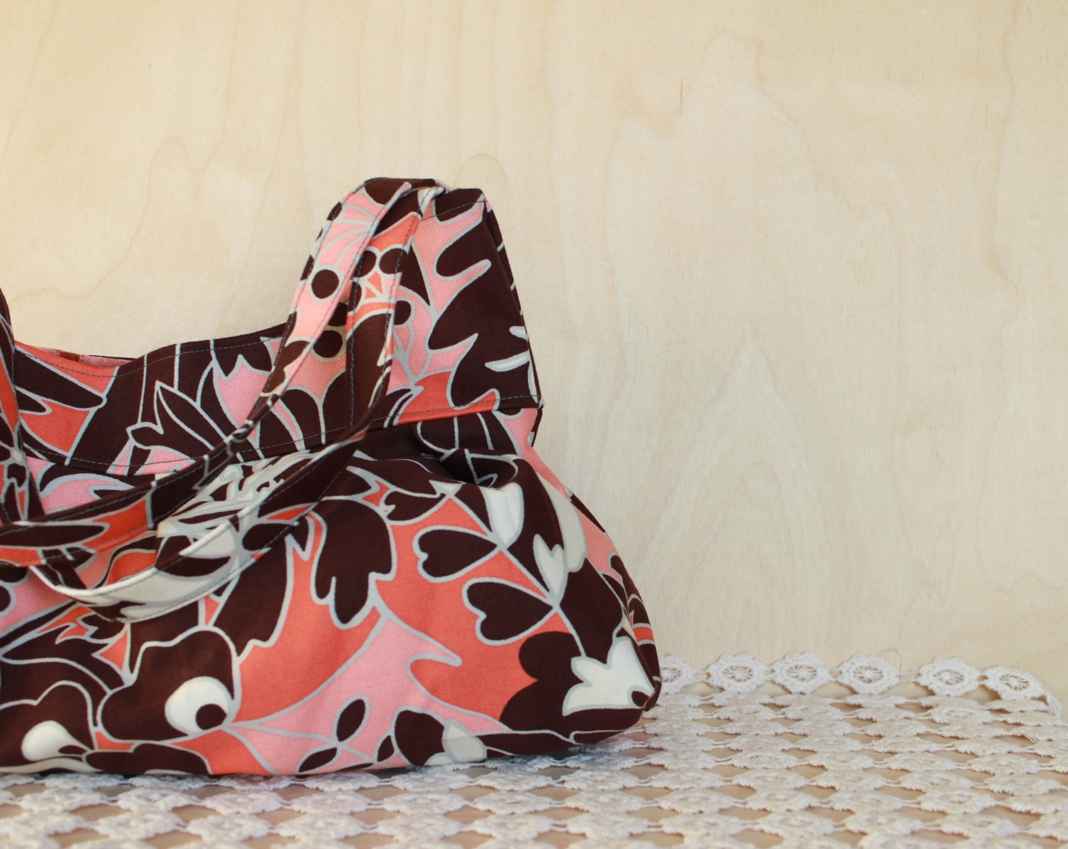 Hand Bag Purse, Pleated Shelly Bag in Blush Pink, Coral, and Brown Floral