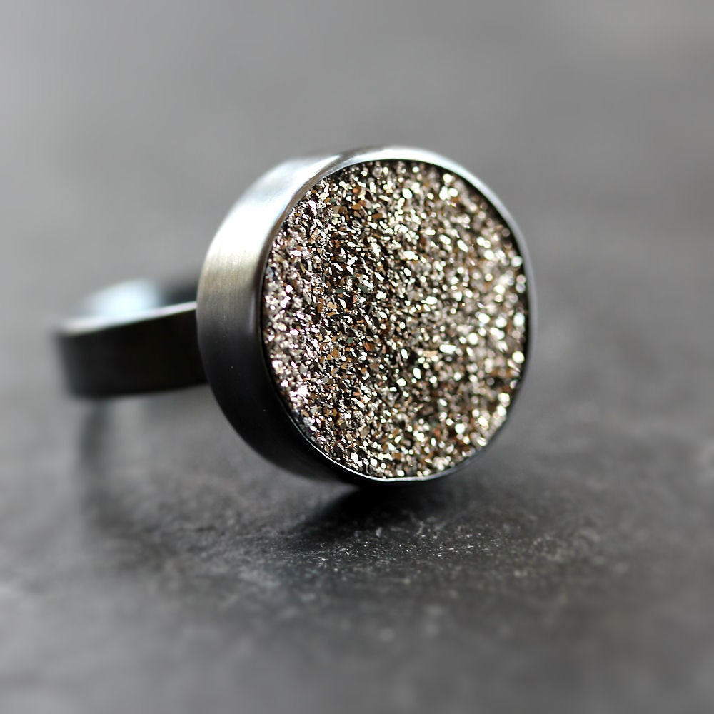Druzy Ring, Metallic Gold Oxidized Sterling Silver - Made To Order - Gold Coast