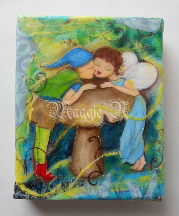 Fairy Kiss - Mixed Media Painting - 4 x 5 Inches on Gallery Wrapped Canvas