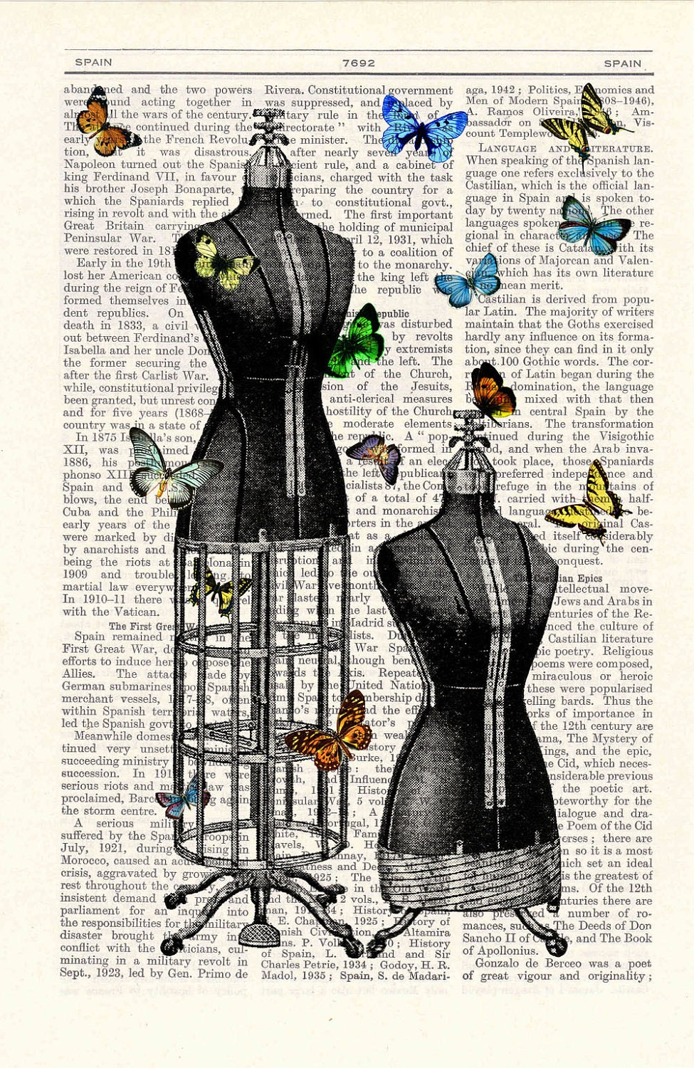 Butterfly collage Vintage Book Print Dictionary butterfly Page Print-Dress form collage Print on Vintage Dictionary Bookart art
