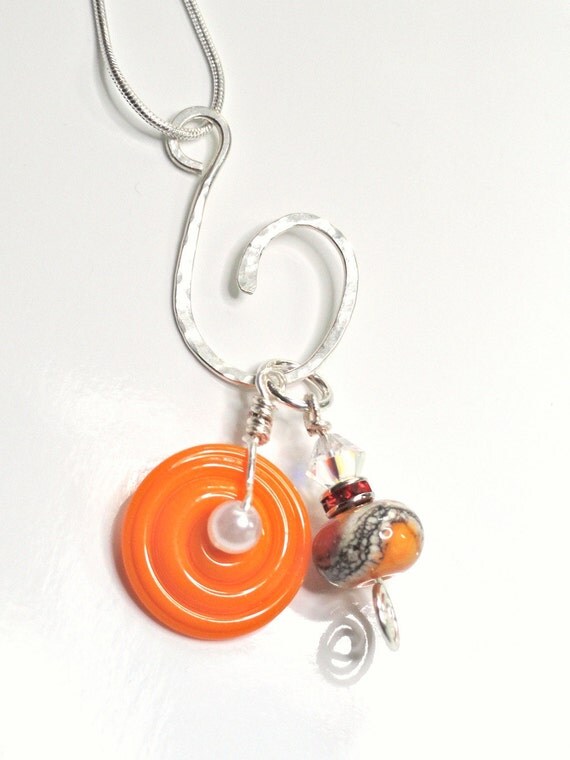 Orange Tangerine Sherbert Pendant With  Silver Charm Holder &  Chain