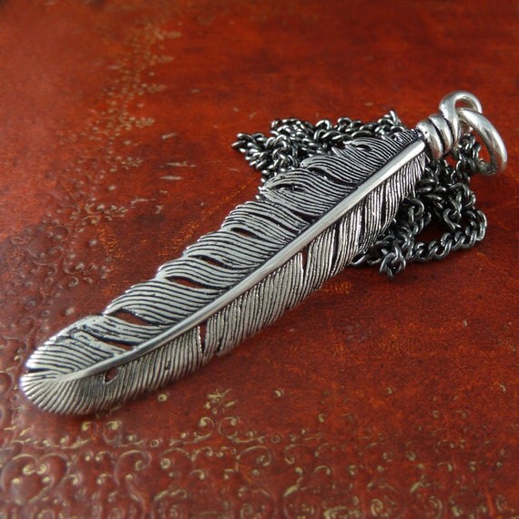 Feather Necklace Native American Feather Pendant in Antique Silver on 32" Gunmetal Chain