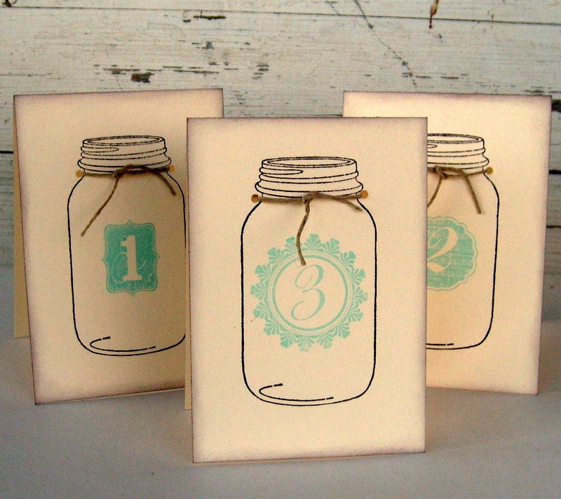 mason jar wedding table signs,  table tent, double sided custom color and tie, rustic, set 10
