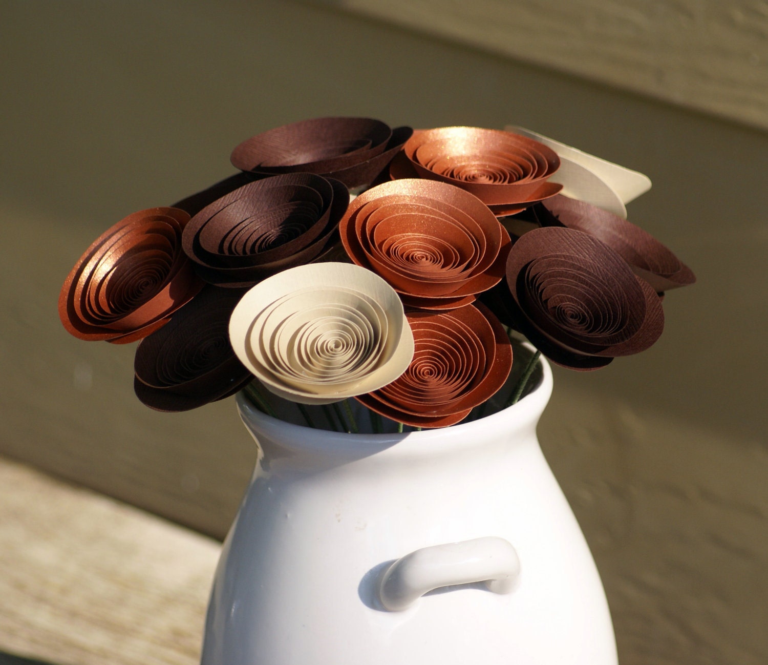 Chic Paper Flowers in Chocolate Brown, Copper, and Cafe au Lait -- Metallic Centerpiece -- Nature Decor -- Neutral Colors