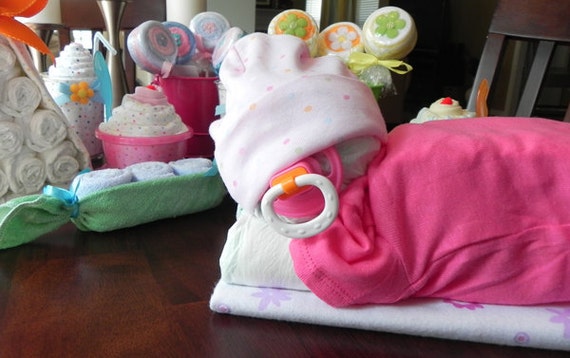Sleeping Baby Diaper Cake - baby blanket onesie hat socks pacifier baby shower gift cute unique boy girl neutral
