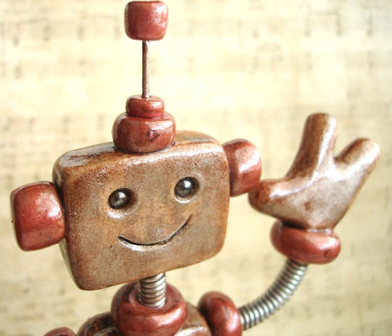 Robot Birthday Cake Topper - Rustic Red Ruby - Polymer Clay, Paint, Wire