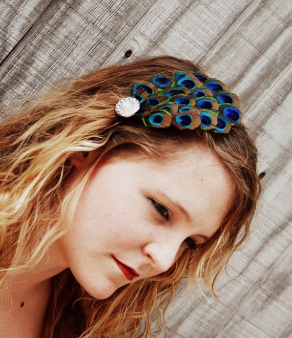 PEACOCK FEATHER FASCINATOR... Turquoise & Brown Hair Clip - Elegant Couture