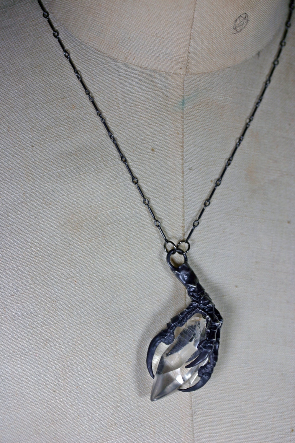 the messenger. crow claw & quartz crystal necklace. sterling silver.