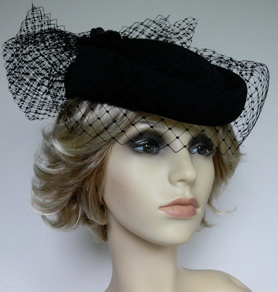 Hat, pill box with veiling, 1980s, black