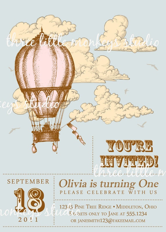 Custom Vintage Hot Air Balloon Invitation - With or Without Photo