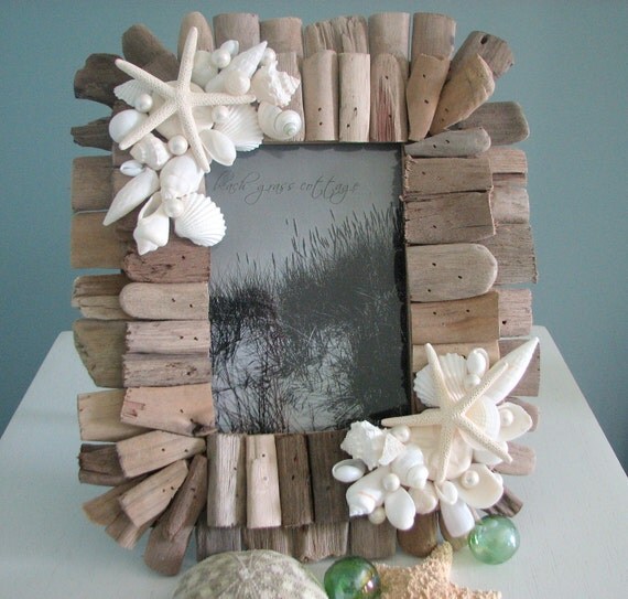 Пляж Декор Seashell Frame - Shell Рама из Driftwood и белых раковин
