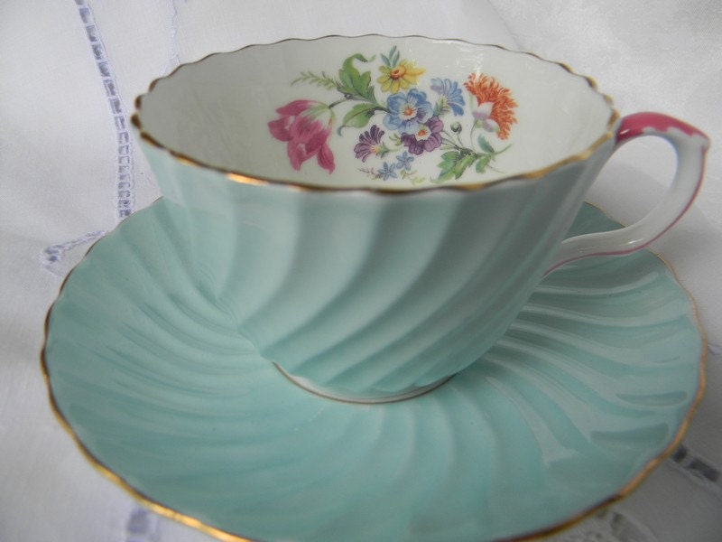 SOLD  Reserved for PAISLEY Beetle  Vintage Aqua Blue AYNSLEY Teacup and Saucer