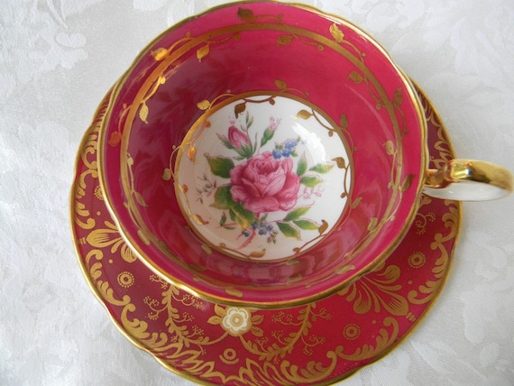 Vintage Aynsley Cranberry and Gold Teacup and Saucer