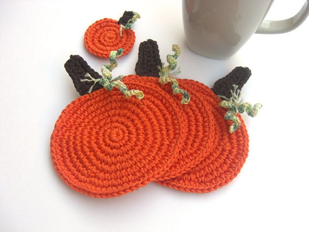 Pumpkin Coasters and  Miniature Gift . Orange Drink Beverage Calabash Decor Crochet Cute Collection Set of 3