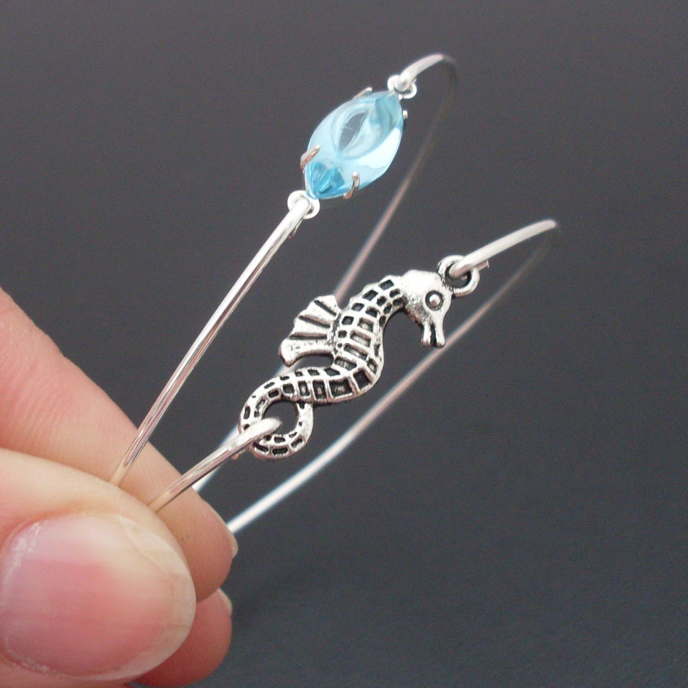 Little Seahorse in the Blue Sea - Ocean Bangle Bracelet Set - Silver Bands - Beach Jewelry
