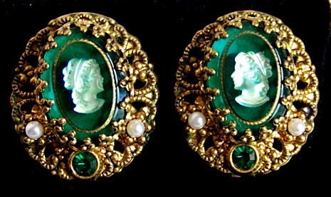 Victorian Cameo Clip Earrings in a Dark Emerald Green w/ Gold tone Filigree
