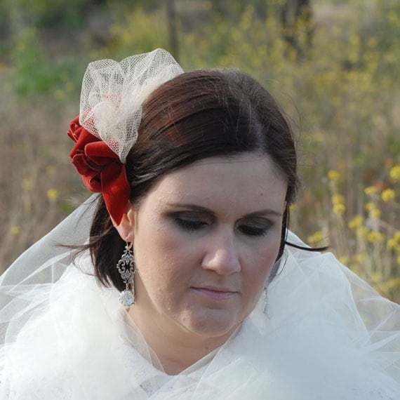 red velvet ribbon bridal hair accessory wedding headpiece vintage ribbon 
