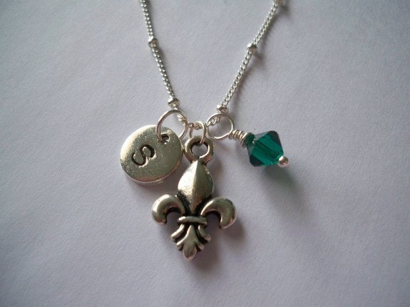 Personalized Initial, Fleur de Lis, and Crystal Necklace- Hand-stamped