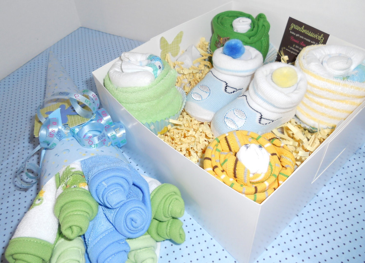 15% Off BRAND NEW Baby Boy 14 Piece  Delicious Onesie, Diapers, Socks Washcloth Cupcakes , Washcloth Bouquet  Free  Baby Booties With Order
