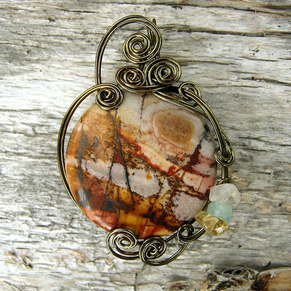 Picasso Jasper Wire Wrapped Pendant Necklace in Antique Bronze