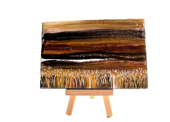 Wheat Fields Original Acrylic Painting Mini Art with Display Easel Nature Landscape Neutral Brown Rust Tan
