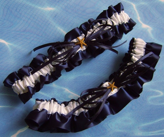 Navy Blue and White Wedding Accessories Bridal keepsake and toss garter set