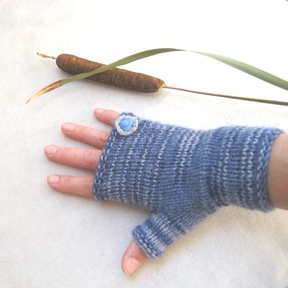 Fingerless mittens Fingerless gloves Knit Crochet Arm warmers Wool Denim Blue Gray Delicate brooch as a ring Handmade by Dimana