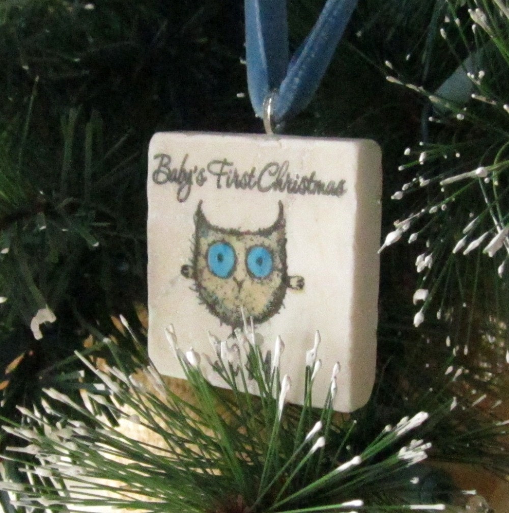 Baby Boy First Christmas Ornament, blue owl, including gift box