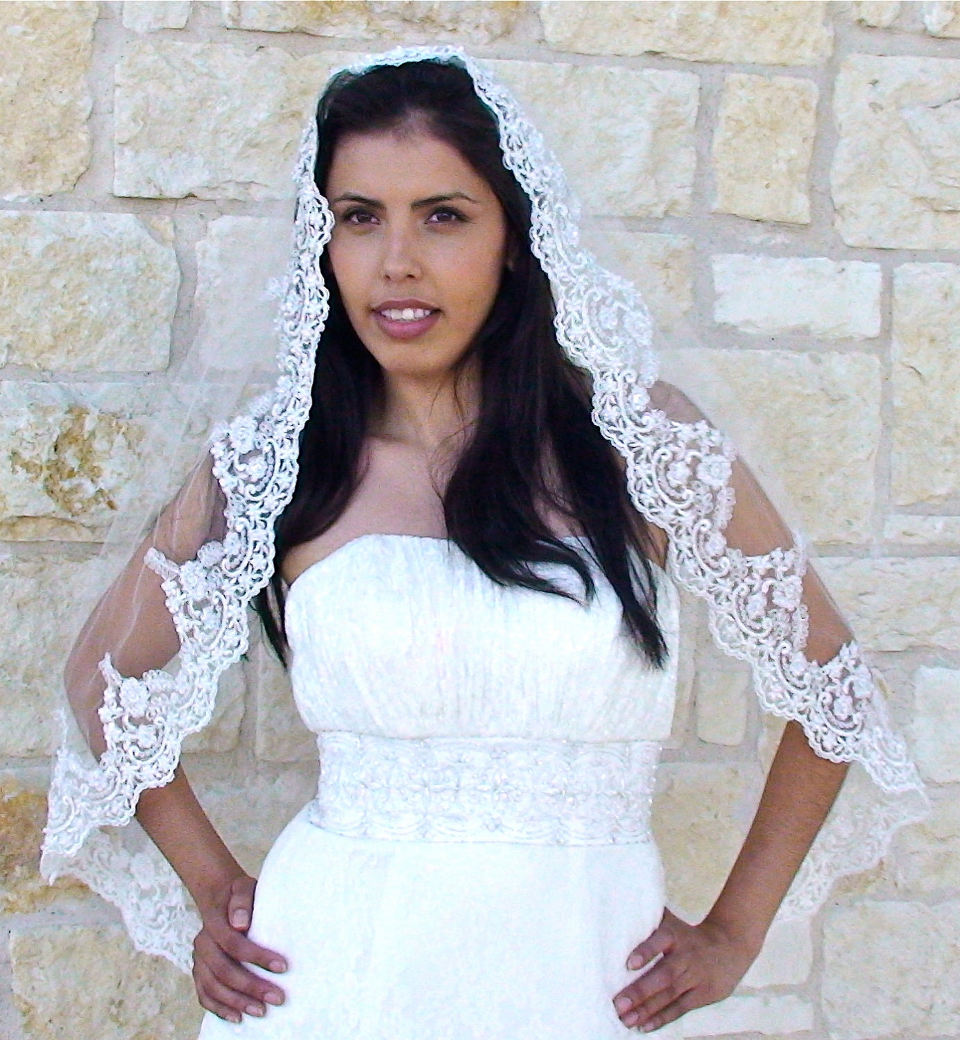 Bridal lace veil with beaded scalloped edge french mantilla style Spain 
