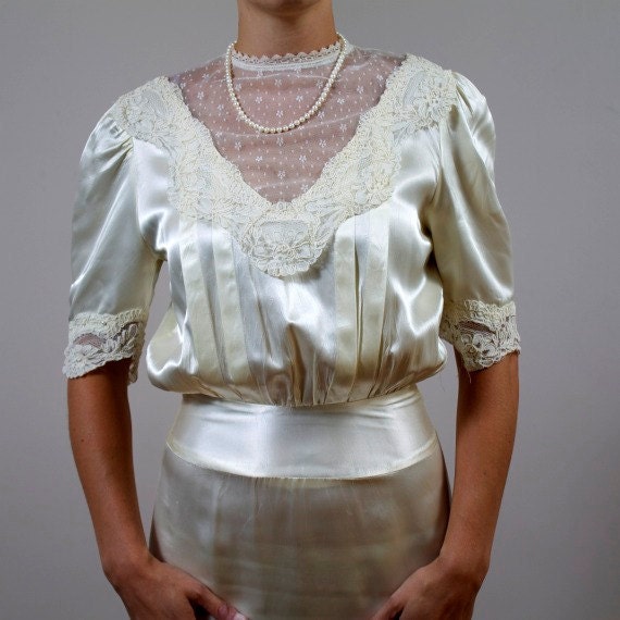 Vintage 1920s Wedding Dress Cream Lace Peplum Silk Small