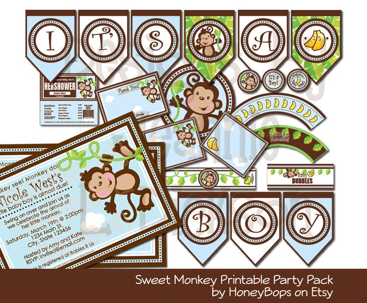 Monkey Invitation Thank You Card Cupcake Wrappers Cupcake Toppers - DIY Printable Party Pack - uPrint Digital Files from etsy.com