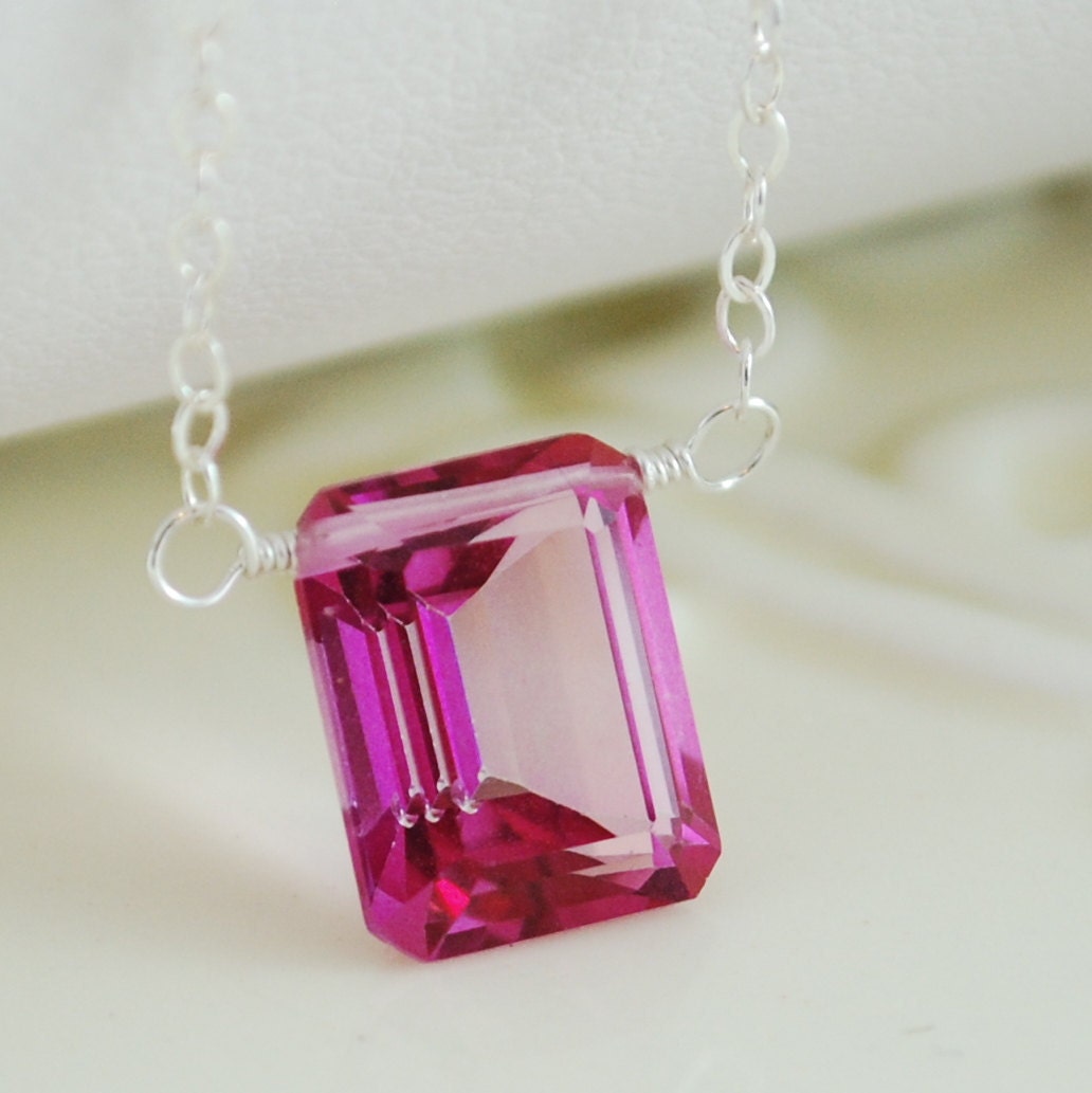 Pink Topaz Necklace Silver Emerald Cut Jewelry