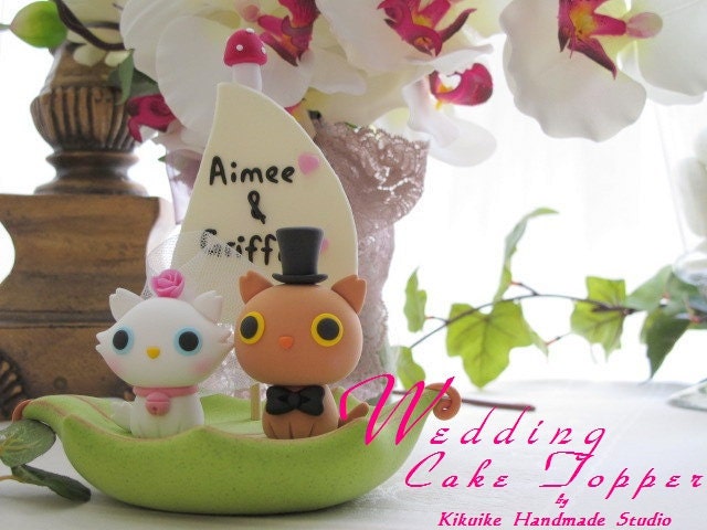 LOVE ANGELS Wedding Cake Topper-love kitty,love cat with leaf boat