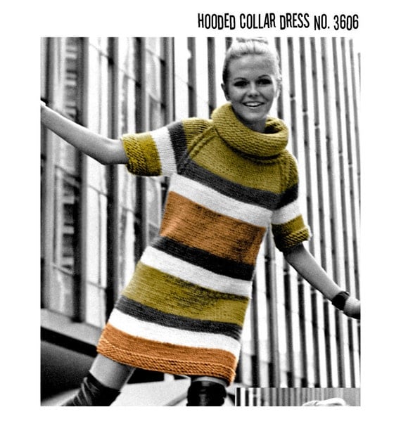 1960s Mod Mini Sweater Dress with Hood Knitting Pattern PDF Treasury Item