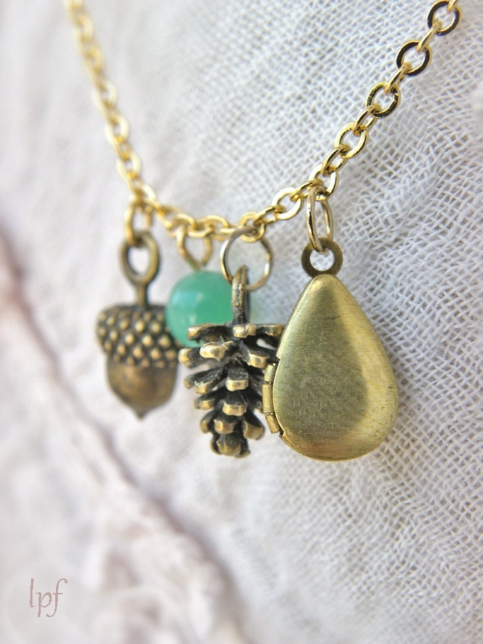 Necklace -Woodland- Vintage brass locket, acorn, pine cone, green glass bead, rustic, nature, fall inspired