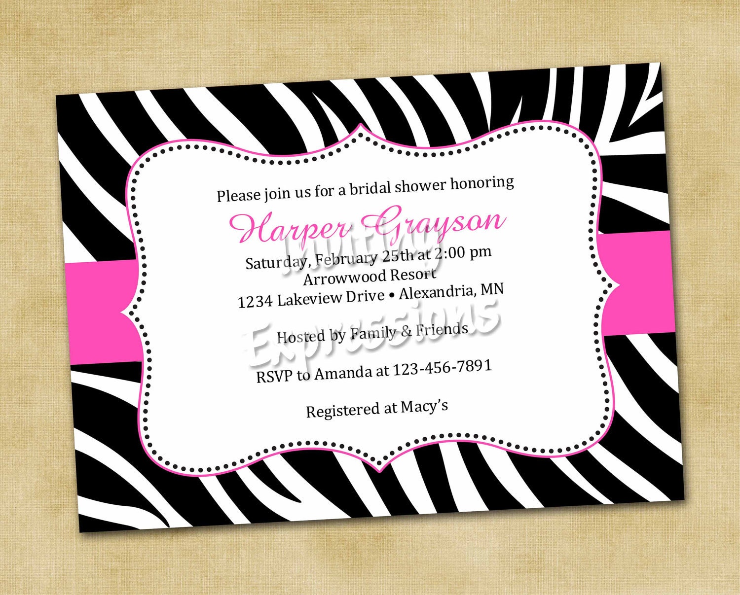 Elegant Zebra Print Hot Pink Bridal Shower Invitations