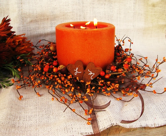 Rustic Burnt Orange Chocolate Brown Wedding Reception Centerpiece Candle 
