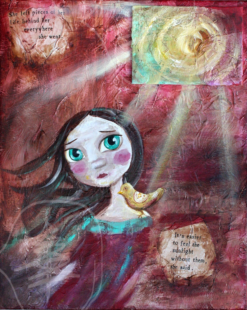 Mixed Media - Big Eye Art - Sunshine - Quote Painting - Large - Original Painting - Girl with bird