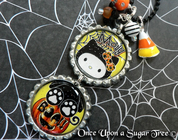 HELLO KITTY Inspired HALLOWEEN Personalized Hanging Double Bottle Cap Necklace, Pumpkin, Candy Corn Charm