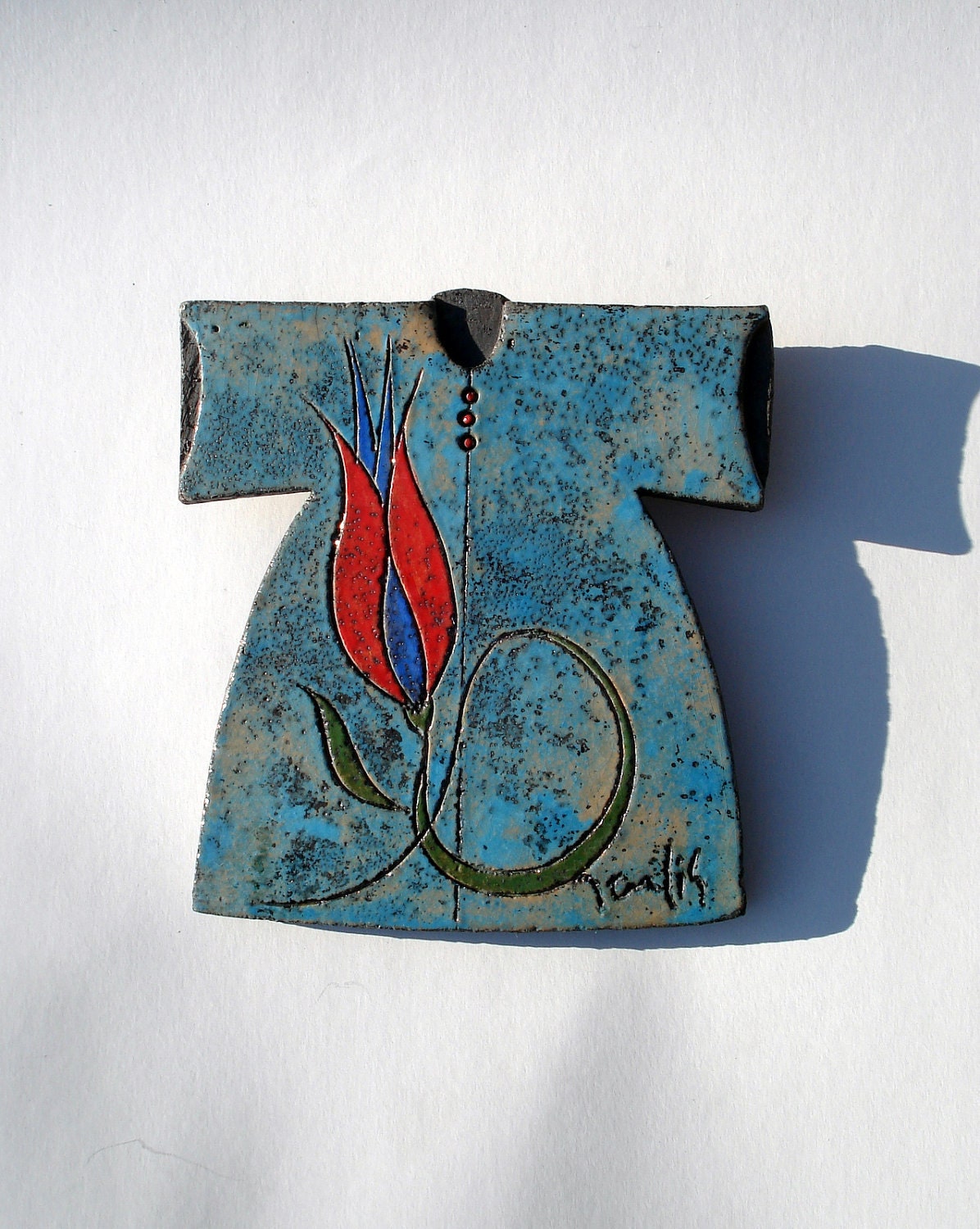 Raku Fired Blue Ceramic Caftan with Red Tulip