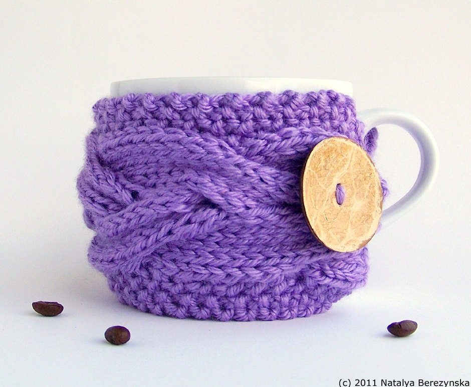 Cup Cozy Mug Sleeve Lavender Lilac Purple Coffee Tea Garden Grape Flower Amethyst Mauve Farm Cottage France Harvest Wood Knit Knitted Cabled