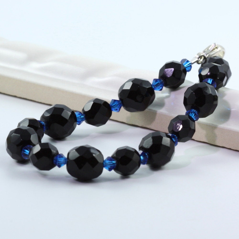 Black Blue Bracelet Beaded Swarovski Crystal Sterling Lobster Clasp