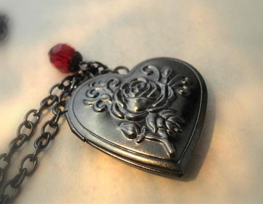 Locket Necklace, Black Heart, Red Czech Glass Crystal Bead, Black Chain - Gothic Memory