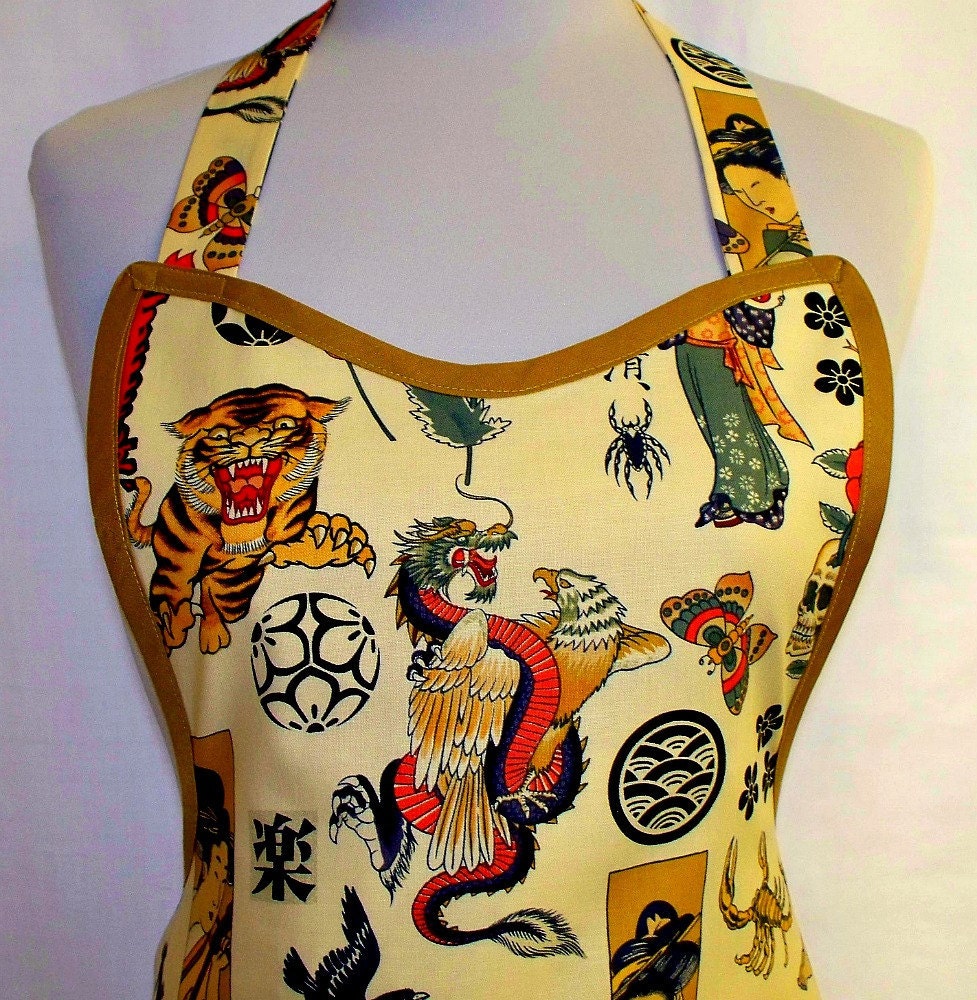 Apron Zen Tattoo Inked, Year of the Dragon, Oriental Asian Screen Print, Special Unique Kitchen Gift