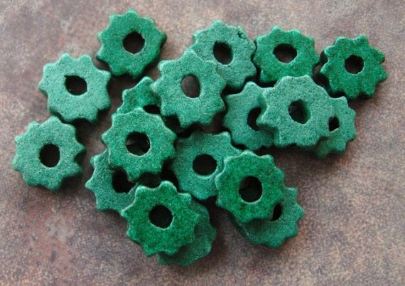 10 Mykonos Greek Ceramic Beads FOREST GREEN Tiny Gears