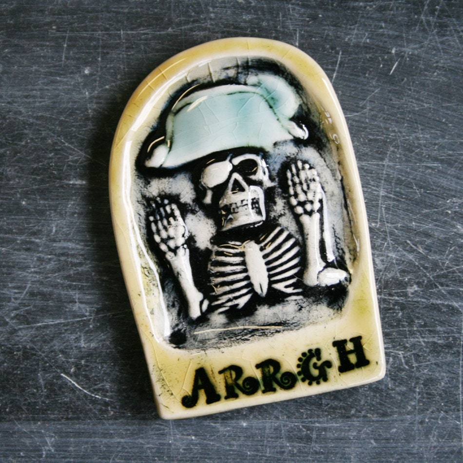 Talk Like A Pirate Skeleton - ARRGH - handmade ceramic tile magnet to decorate your fridge