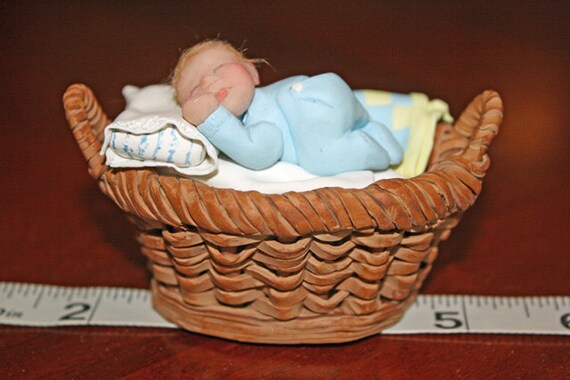 OOAK Polymer Clay Baby Boy in a Laundry Basket
