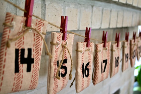Advent Calendar, Ticking Stripe Drawstring Bags