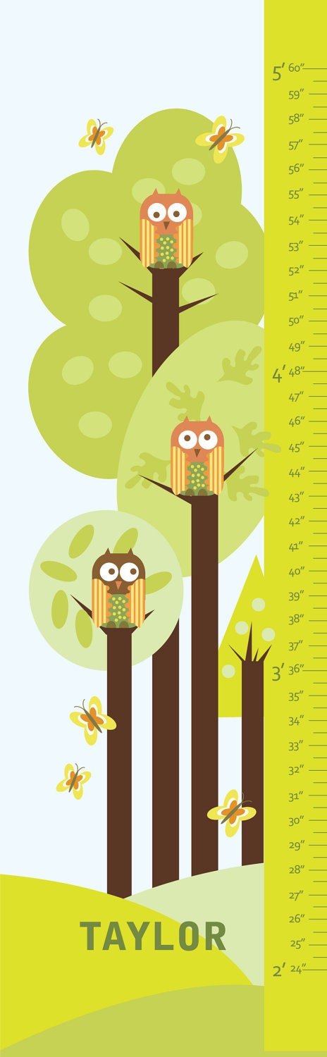 Personalized Growth Chart Canvas- Forest and Owls- 13" X42" Inches - Free personalization