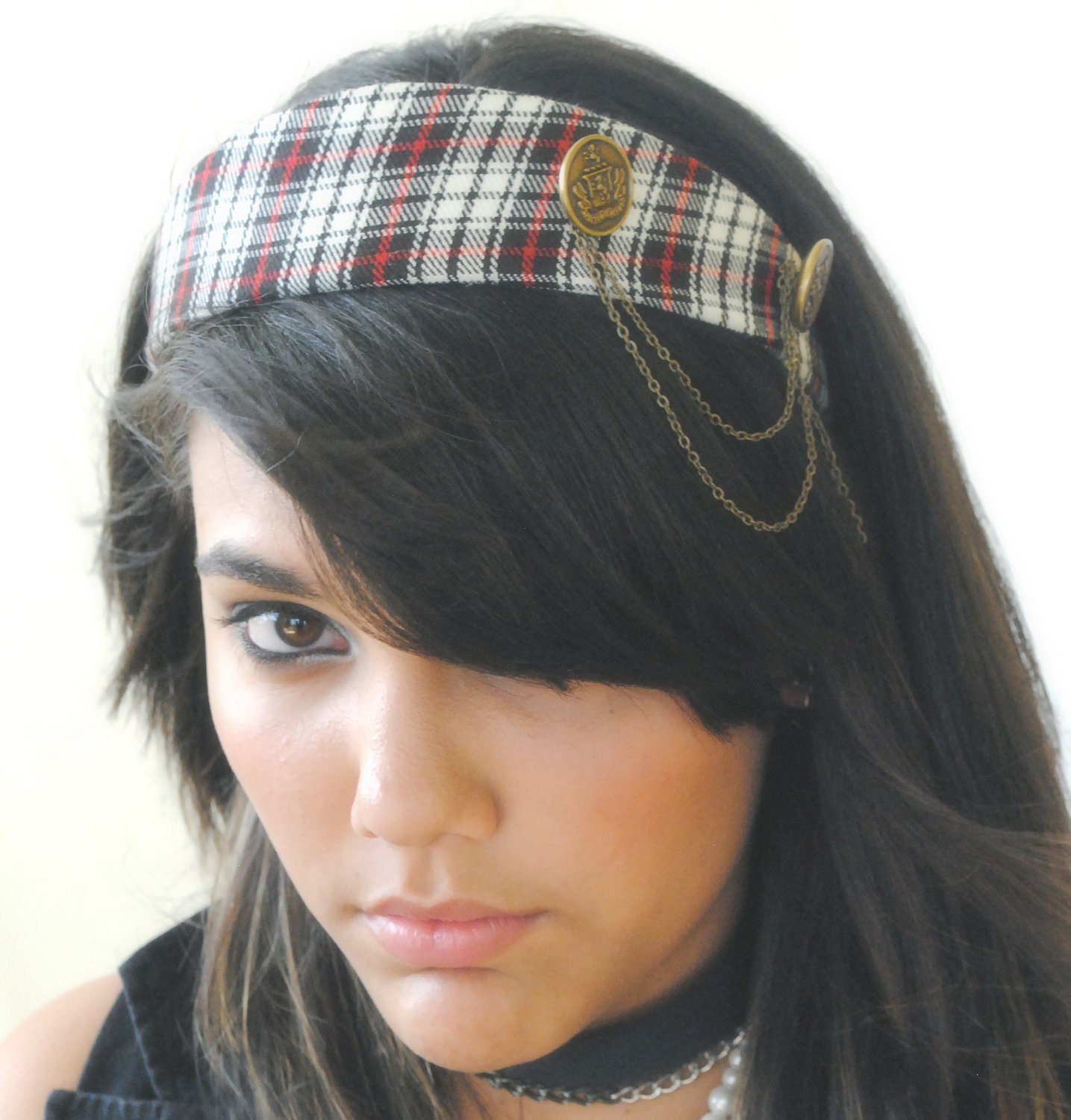 Headband Plaid Military Vintage Inspired Red Black White Vintage Button Antique Chain - by Sophia Touassa Millinery & Accessories